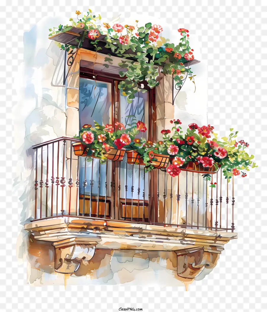 Frühlingsbalkon Blumen Aquarellmalerei Balkon Blumen Fenster Fensterläden - Stadtbalkon mit roten Blumen und Fensterläden