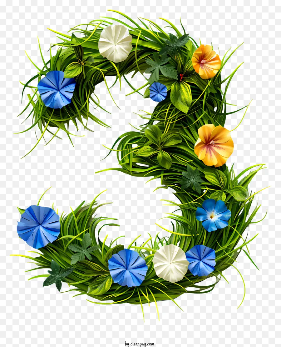 floral number three number three green grass blue flowers yellow flowers
