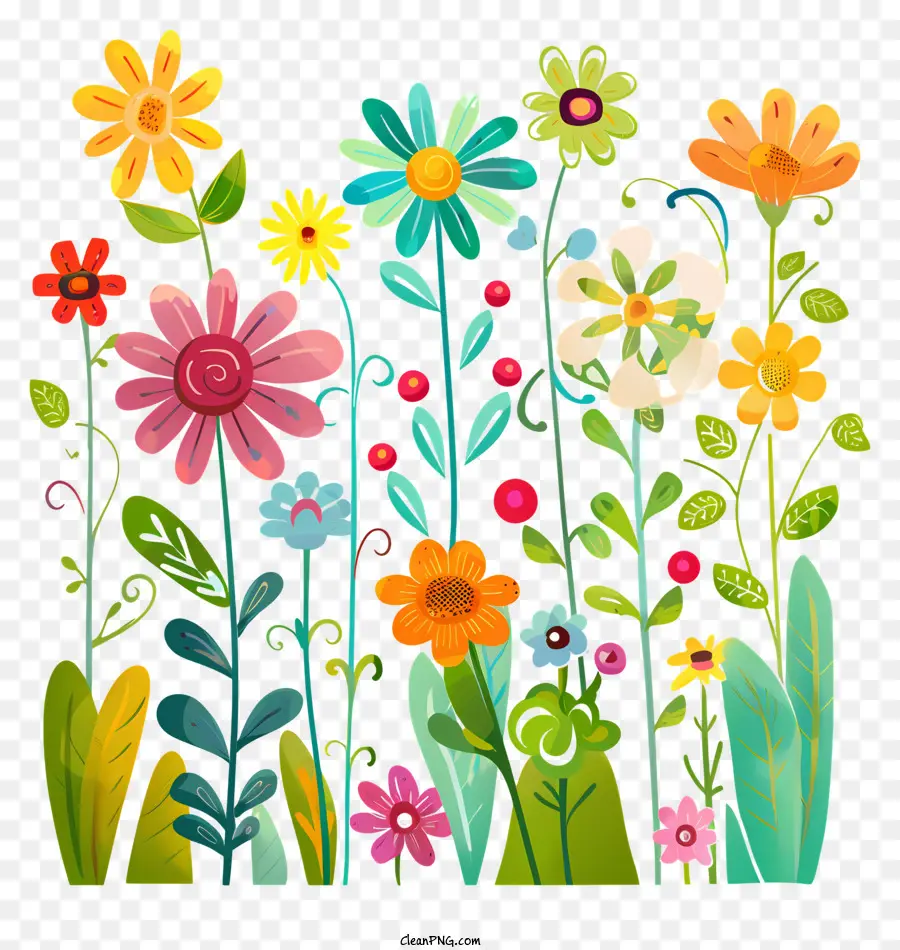 xin chào mùa xuân - Cánh đồng hoa đầy màu sắc với cây, phông nền bầu trời