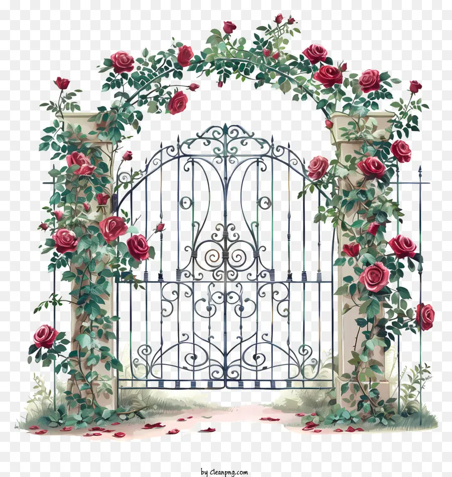 Rote Rosen - Romantisches schmiedeeiserne Tor mit Rosen geschmückt
