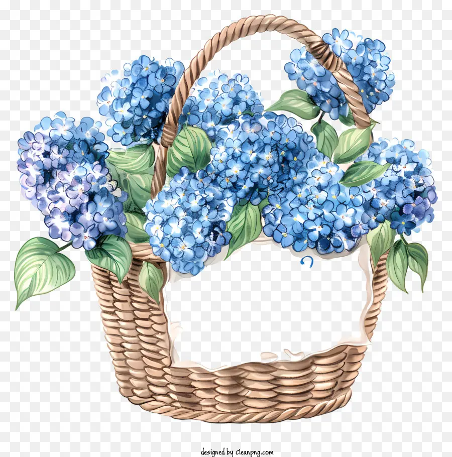 Hallo Frühling - Blaue Hortensien in der Anordnung von Rattankorb
