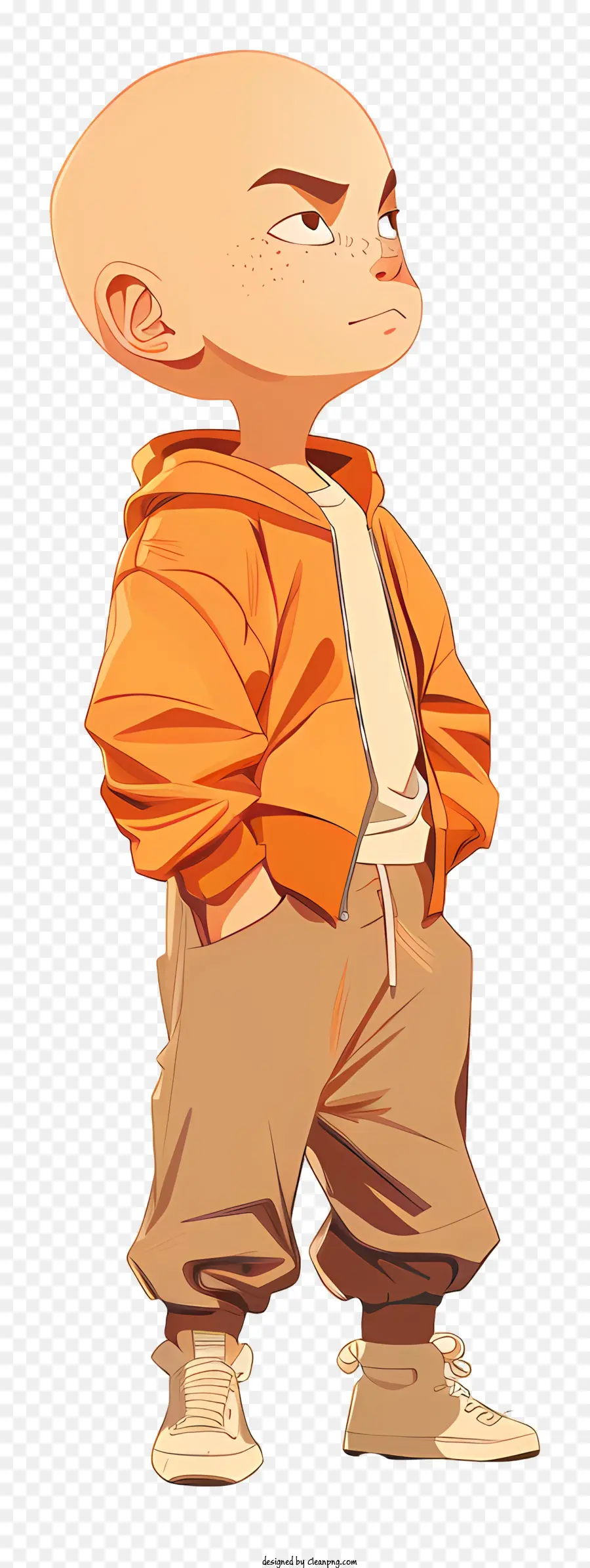 krillin bald man orange jacket brown pants serious expression