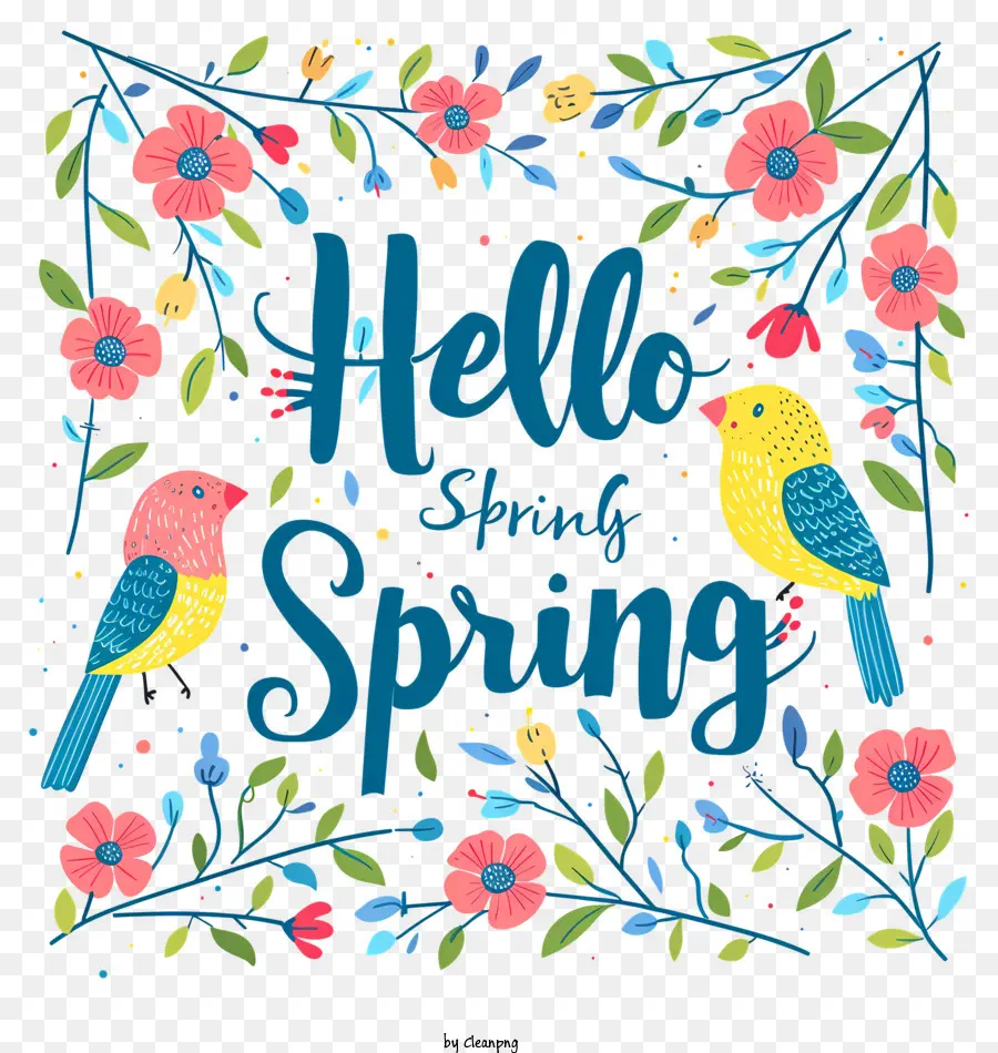 ciao a molla - Uccelli colorati in ghirlanda floreale, primavera accogliente