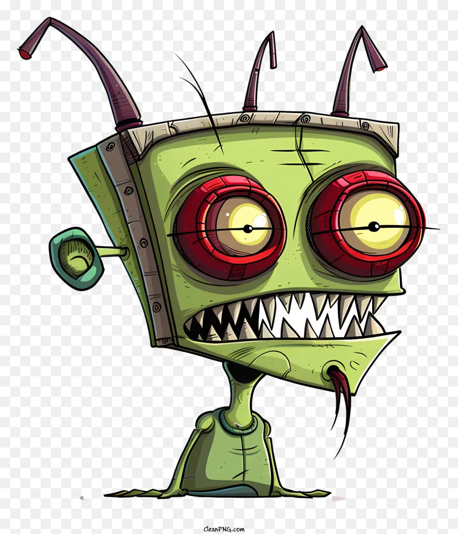 Invader Zim Cartoon Alien rote Augen scharfe Zähne doof Grinsen - Doof grinsendem Außerirdischer im Overall mit Zähnen