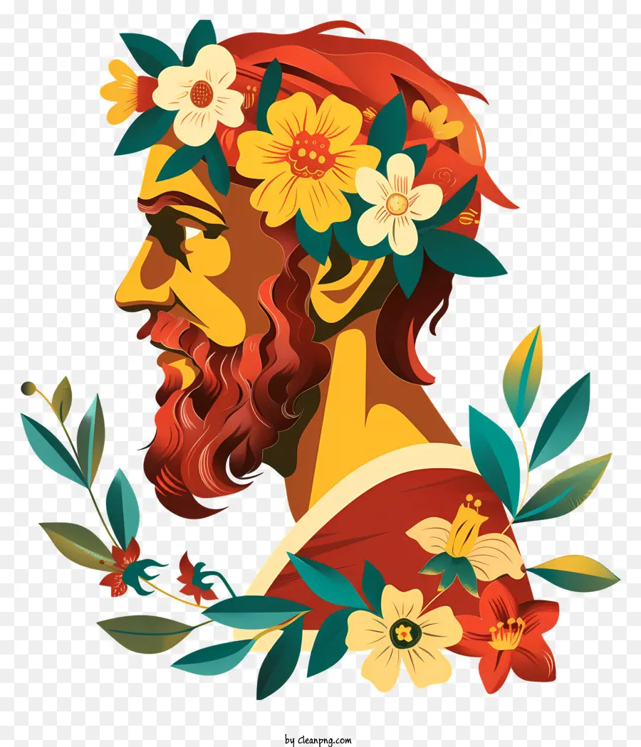 st. 
Davids Day Bearded Man Crown of Flowers contemplazione Deep Thought - Uomo con corona di fiori in contemplazione