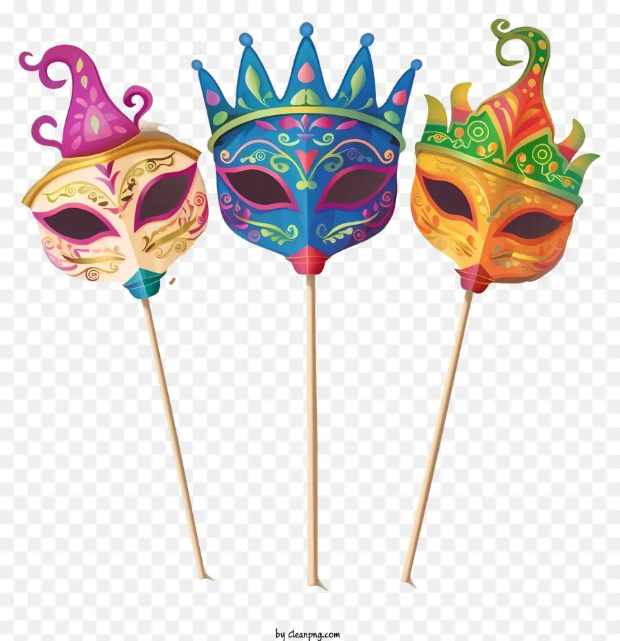 Happy Purim maschere Disegni intricati di cartone dai colori vivaci - Maschere di cartone decorate colorate su bastoncini