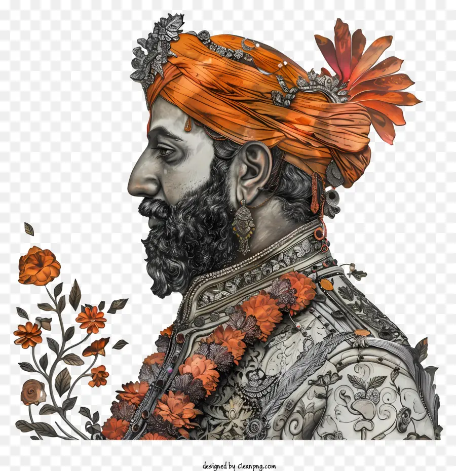 Shivaji Maharaj - Mann mit Turban, Blume, Anzug, Bart