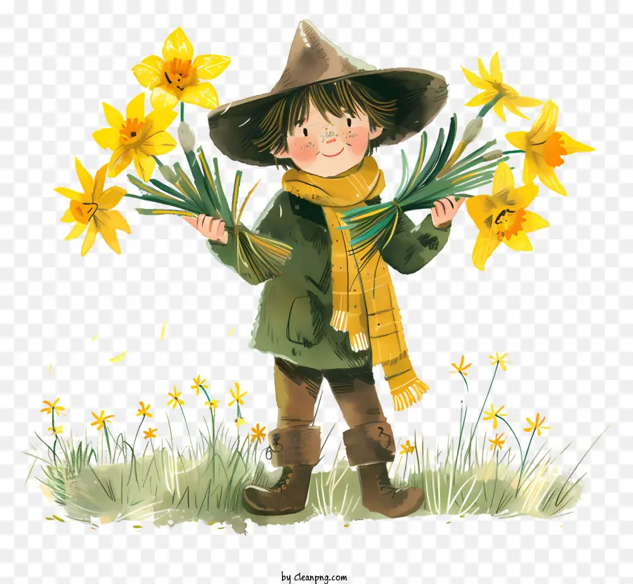 st. 
Davids Day Child Daffodils Giacca verde gialla - Bambino che tiene nargosi ​​gialli in campo