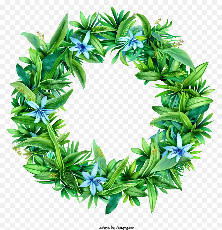 Blumenschmuck - Grüner Kranz mit blauen Blumen auf schwarzem Hintergrund