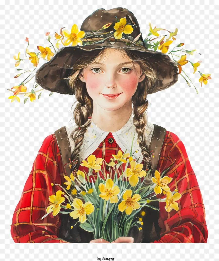 st. 
ngày Davids Daffodils Cô gái bó hoa màu đỏ - Cô gái mặc váy đỏ cầm hoa thủy tiên ngoài trời