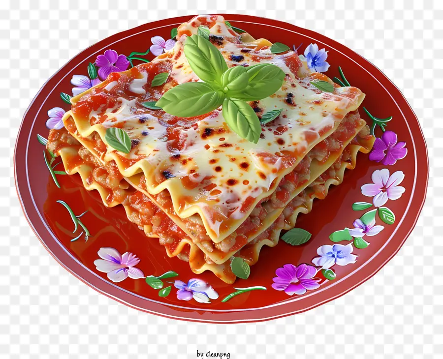 motivo floreale - Lasagna con formaggio, carne, verdure, salsa. 
Sfondo floreale
