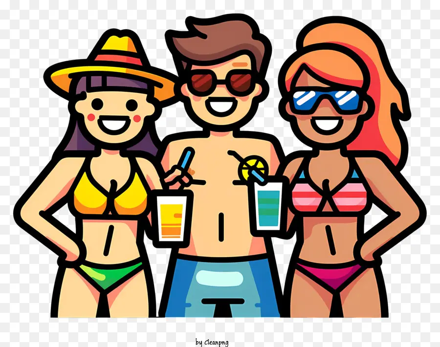 Palmen - Drei Personen in Badebekleidung mit Getränken, Strandszene