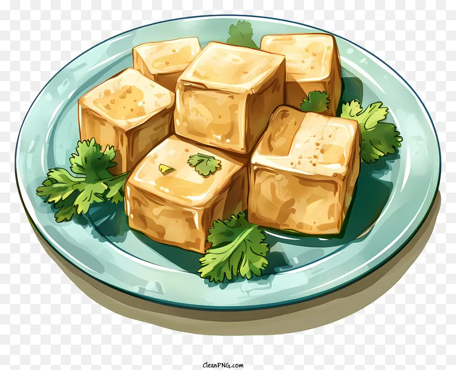 prezzemolo - Cubi di tofu croccanti con prezzemolo su piatto blu