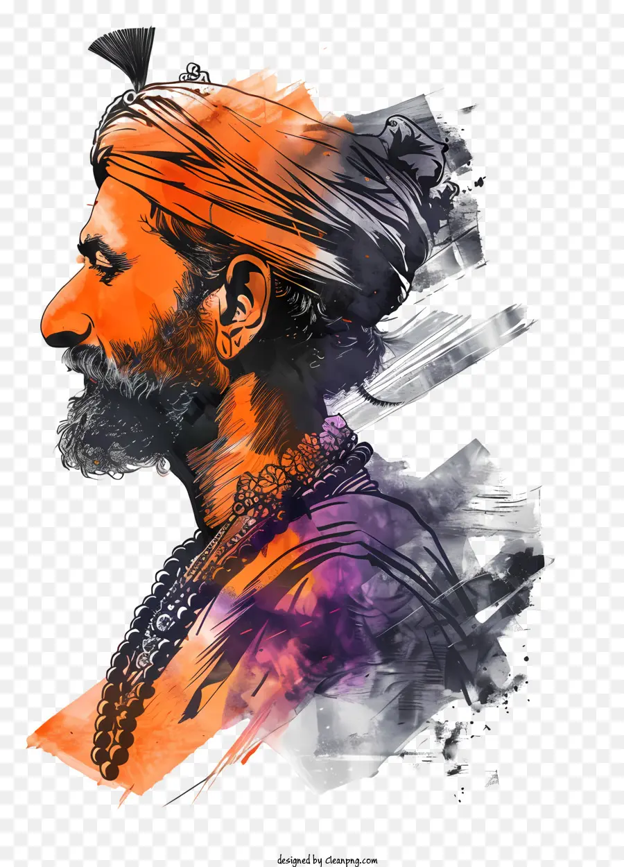 Shivaji Maharaj - Ernsthafter Mann mit langem Bart, Turban. 
Aquarell