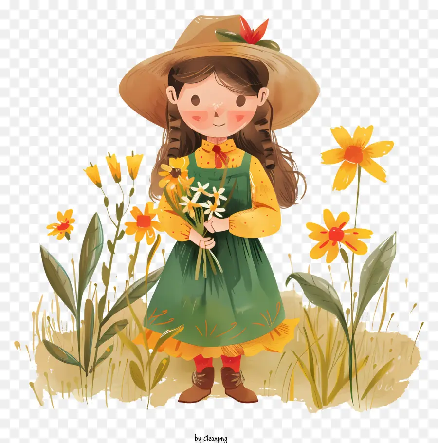 Frühlingsmädchen Mädchen in Blumenfeld gelbe Daissies grünes Kleid blonde Haare - Mädchen im Feld mit Blumen, glücklich und zufrieden