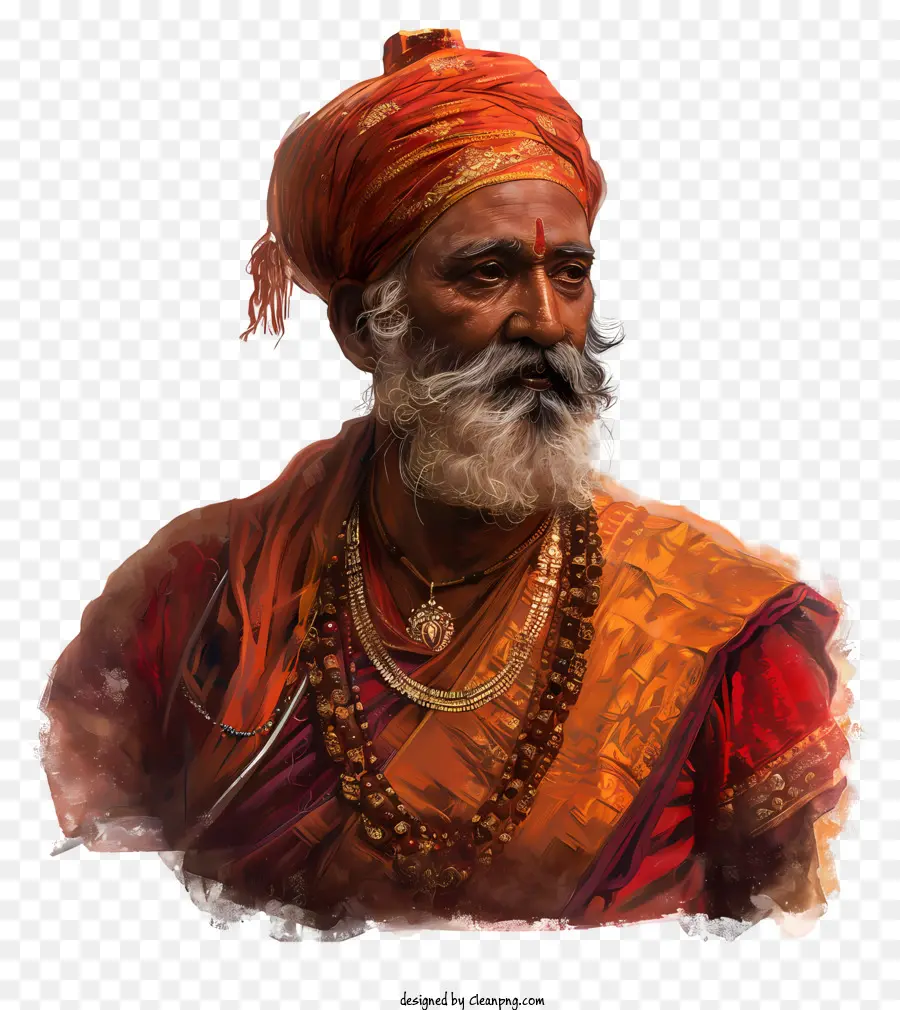 Indische Menschen - Alter Mann im orangefarbenen Turban, ernsthafter Ausdruck