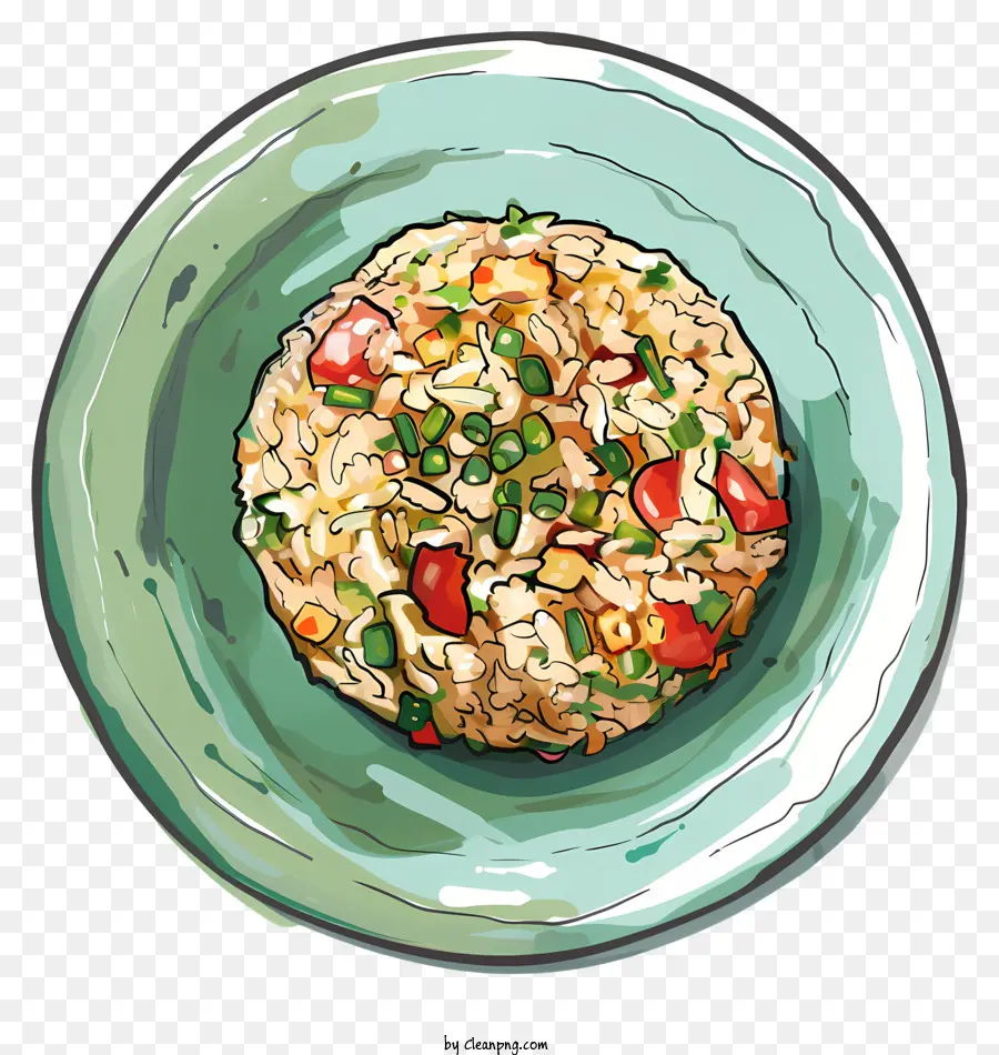 Thai gebratener Reisschüssel gesunde Mahlzeit Hühnchen und Reis Gemüsereis - Aquarellmalerei von Reis und Gemüsemahlzeit