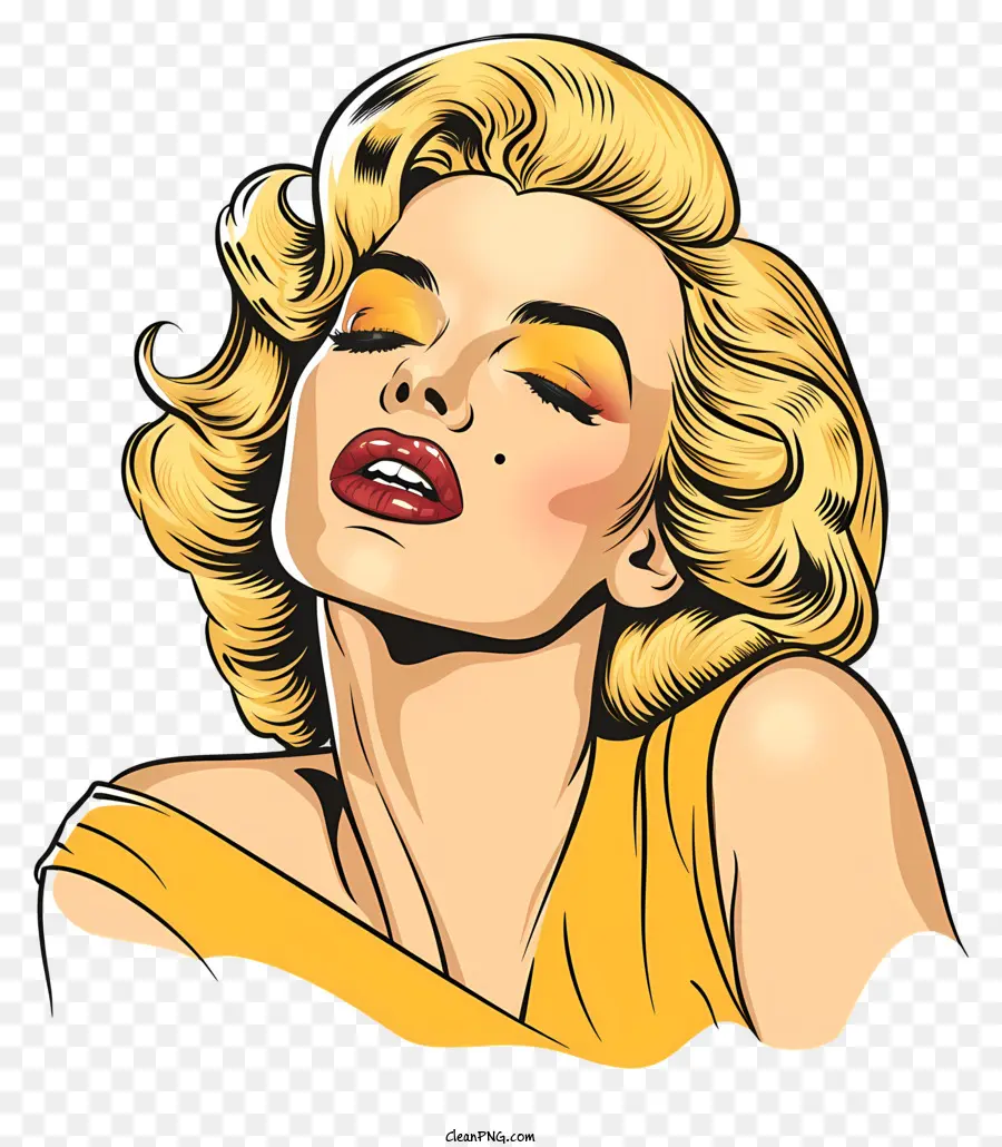 Marilyn Monroe Woman Abito giallo Abito per capelli biondi lunghi espressione sensuale - Donna bionda in abito giallo sorridente in modo seducente