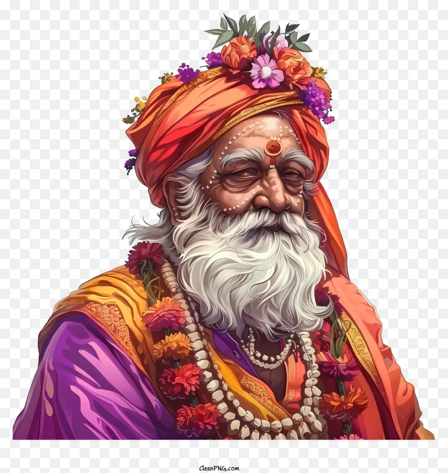 popolo indiano - Uomo anziano in turbante, espressione seria, sfondo astratto