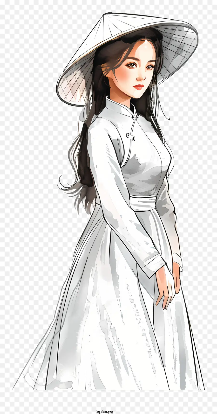 ao dai weißes kleid mit breiterem Hut lange schwarze Haare lächeln - Frau in weißem Kleid und breitem Hut lächeln