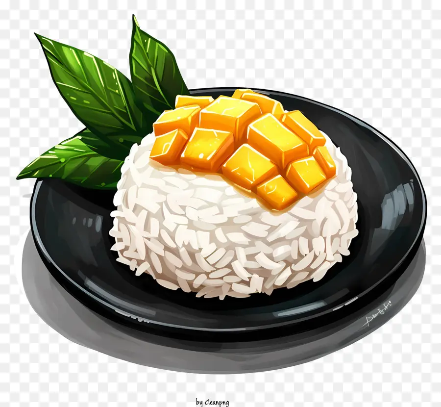 Khao Niao Mamuang Mango Rice Trình bày thực phẩm Asian ẩm thực Mango - Món cơm xoài trên đĩa đen