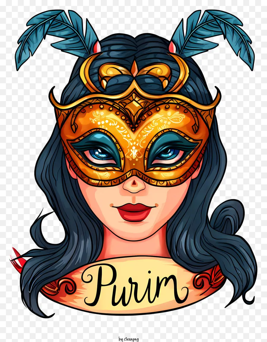 Purim Tattoo Design Face Mask Gold and Black Piume - Donna in oro e maschera nera Illustrazione