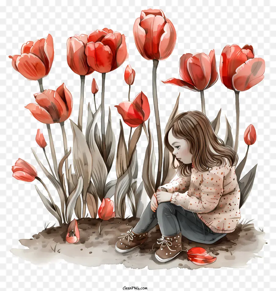 hand gezeichnet - Junges Mädchen unter roten Tulpen, tiefer Gedanke