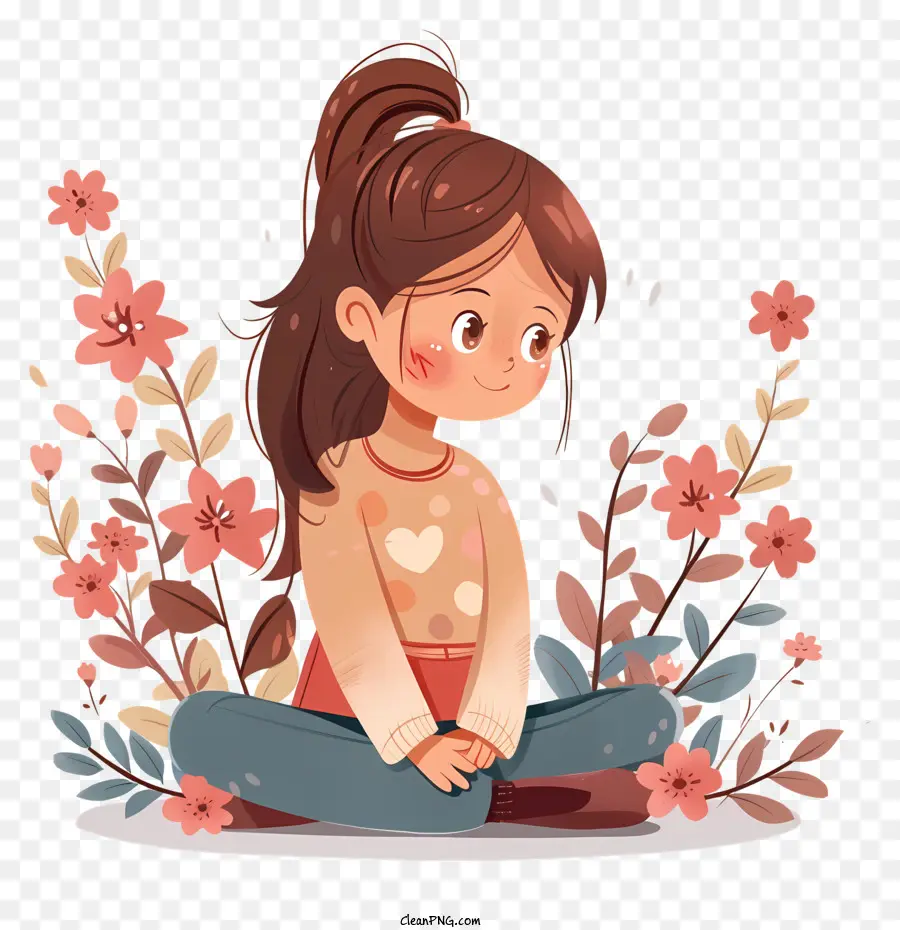 denken - Junges Mädchen, umgeben von rosa Blumen, die tief denken