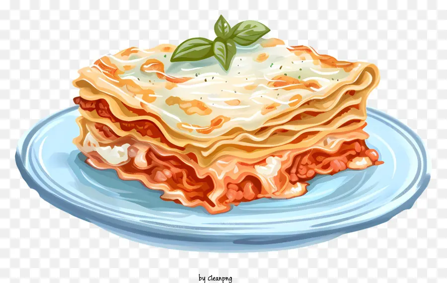 Lasagne Italienische Küche Pasta Tomatenbasis Sauce Basilikum - Frisch gebackene Lasagne auf blauer Teller