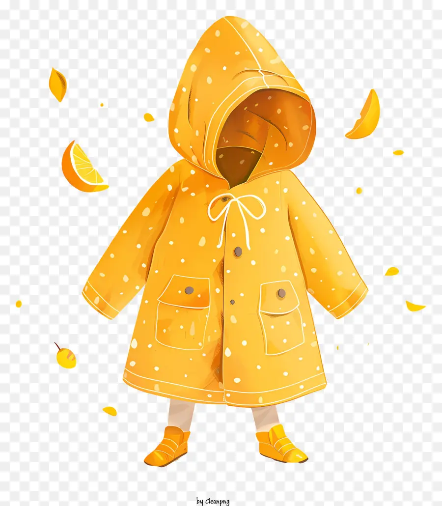 Little Regenmantel gelber Regenmantel Orange Muster Kind verspielt - Kind im gelben Regenmantel mit orangefarbenen Scheiben