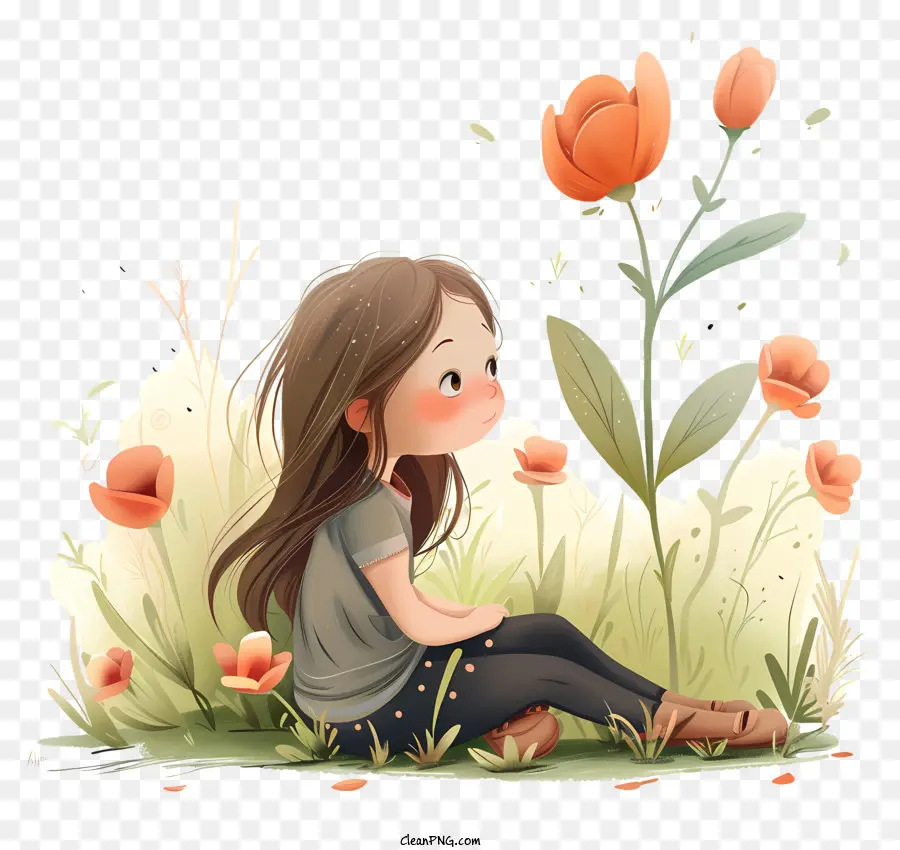 Primavera Flower Girl Cartoon - Ragazza dei cartoni animati circondata da papaveri rosa