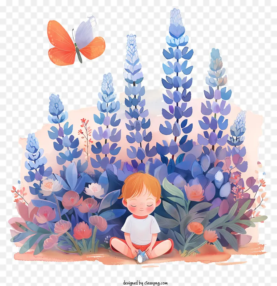 Spring Time Kid Flower WaterColor Illustration Girl - Giovane ragazza circondata da lupini viola e farfalle