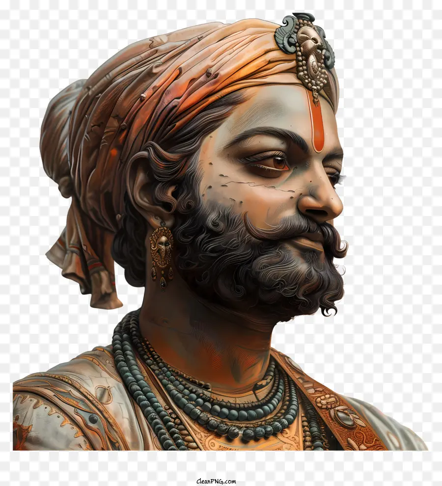 Shivaji Maharaj - Mann in reich verziertem Kopfschmuck mit ernsthaftem Ausdruck