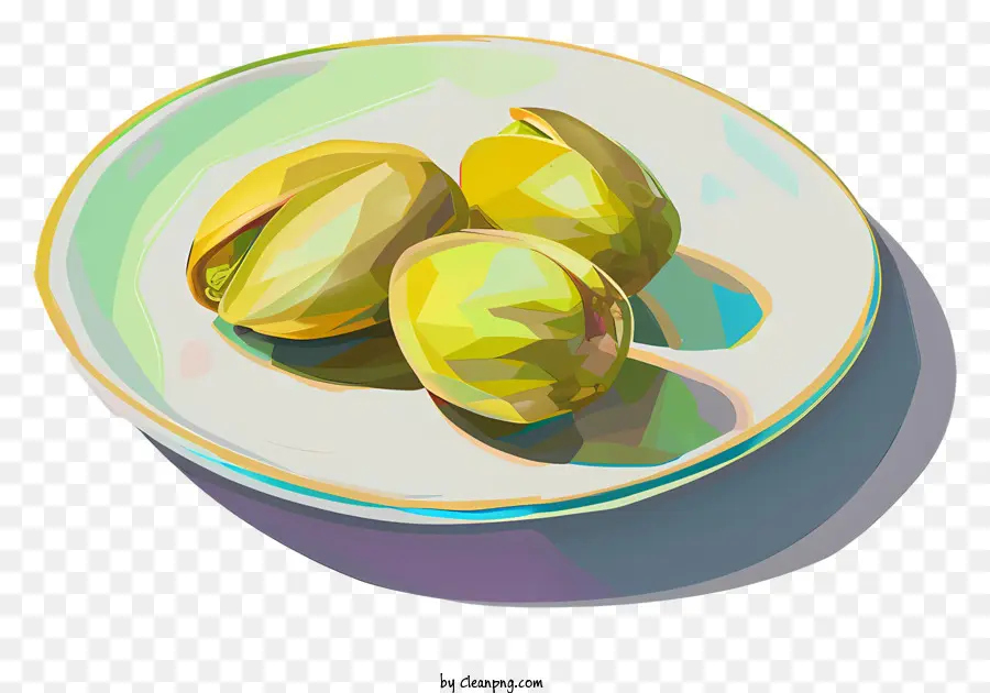 Piatto di pere verde pistacchio con semi di pere a fette di bordo giallo - Tre pere verdi su piatto bianco