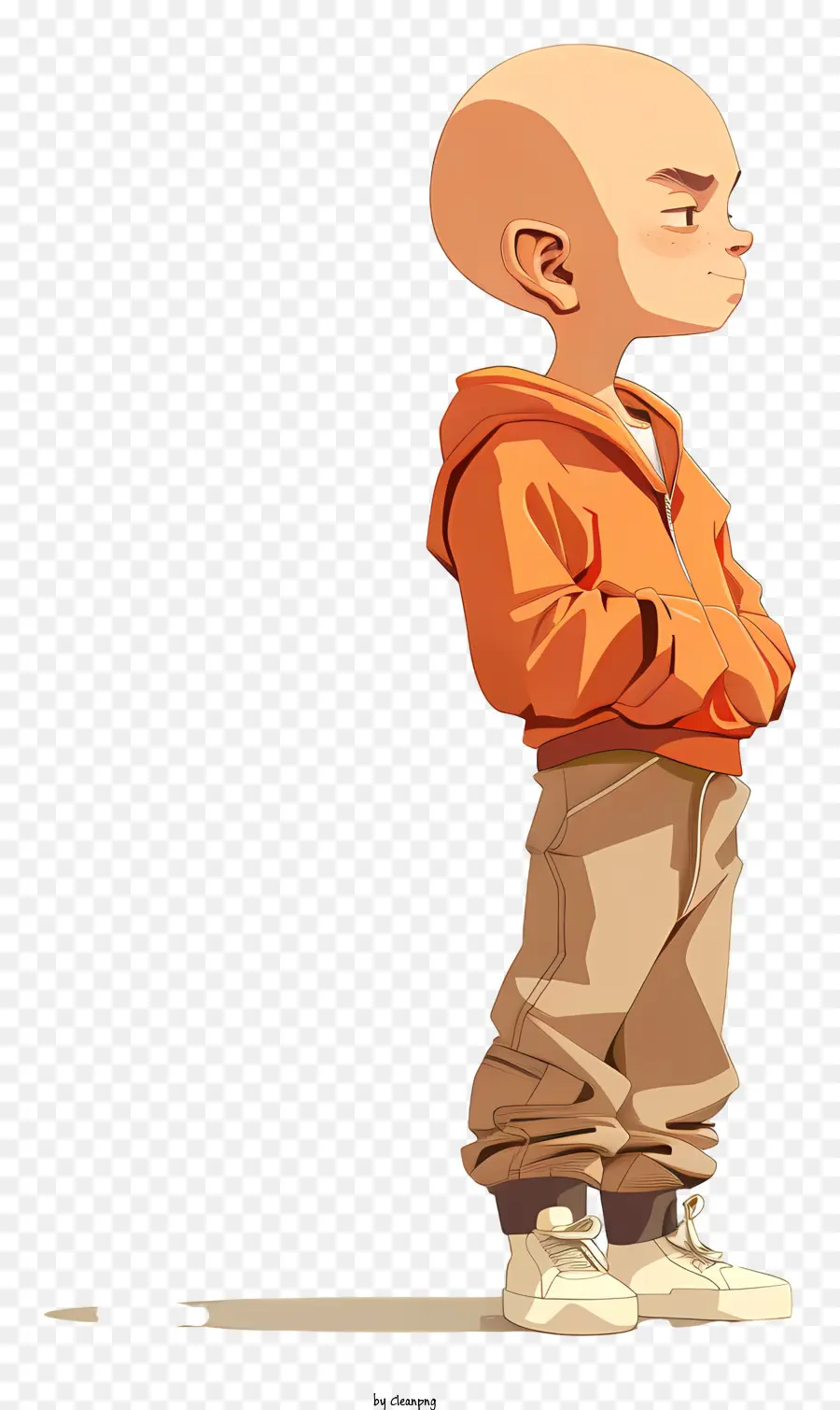 Krillin Bald Man Orange Hoodie Beige pantaloni in bianco e nero - Uomo calvo in felpa d'arancia con cappuccio in piedi braccia piegata