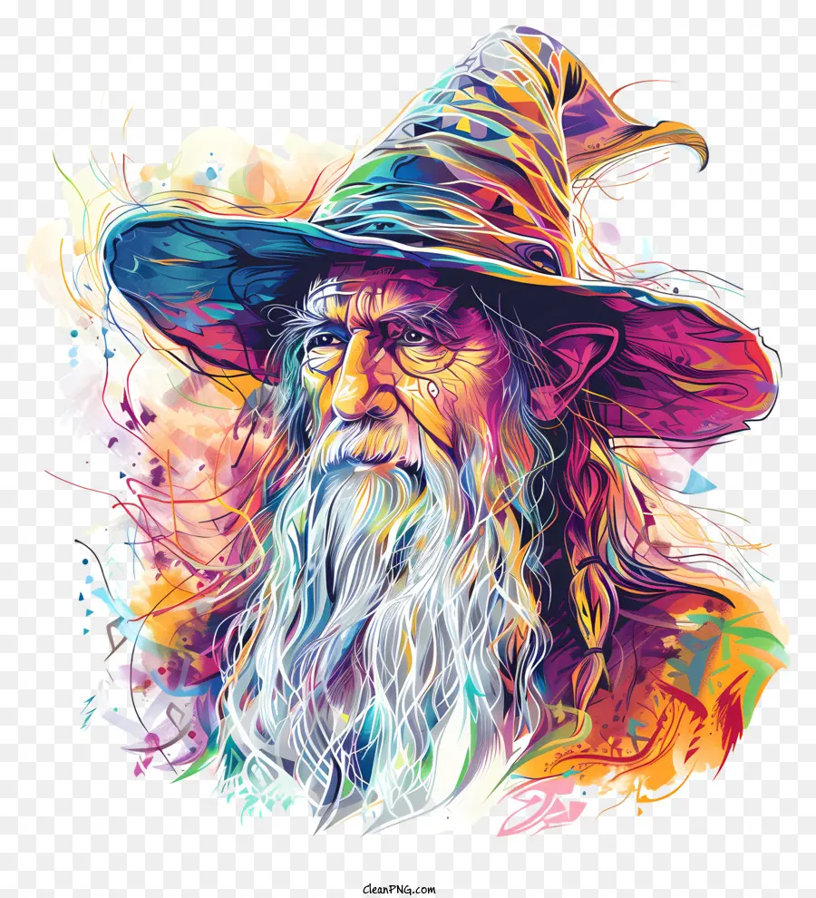 Gandalf Zauberer malt alte graue Haare - Alter Zauberer mit grauem Haar und Bart, ernst