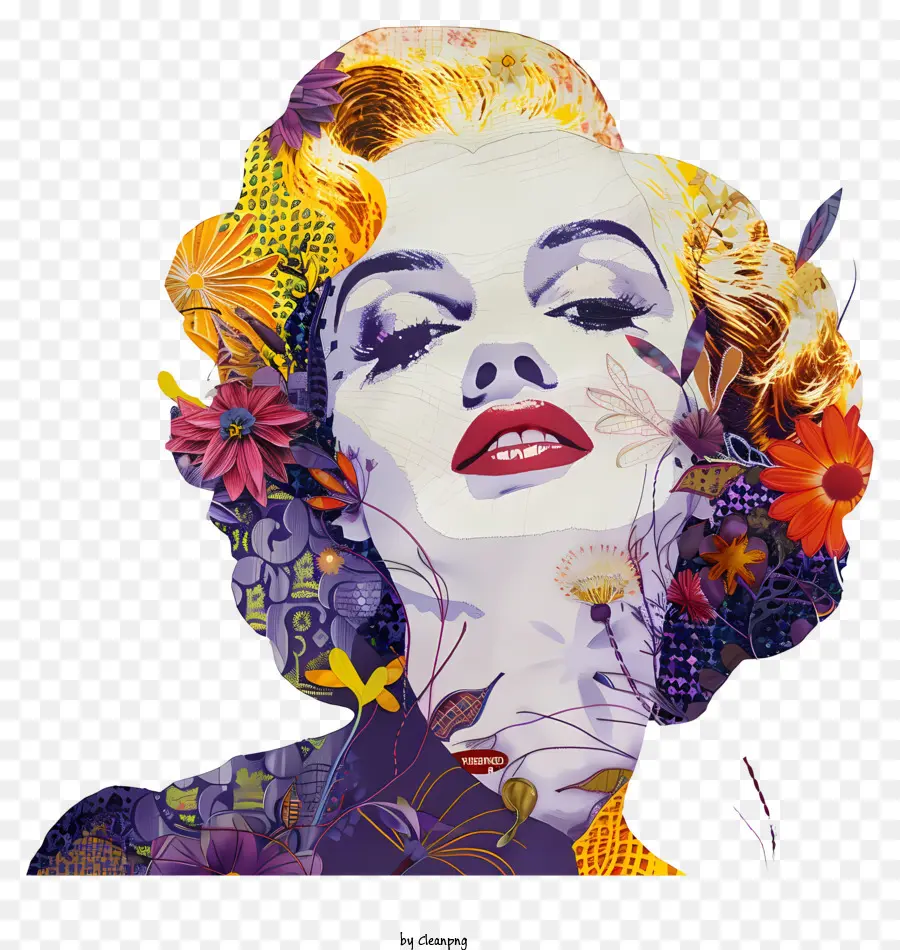 Marilyn Monroe Woman Red Môi tóc vàng Áo sơ mi trắng - Người phụ nữ tóc vàng với đôi môi đỏ, được bao quanh bởi những bông hoa