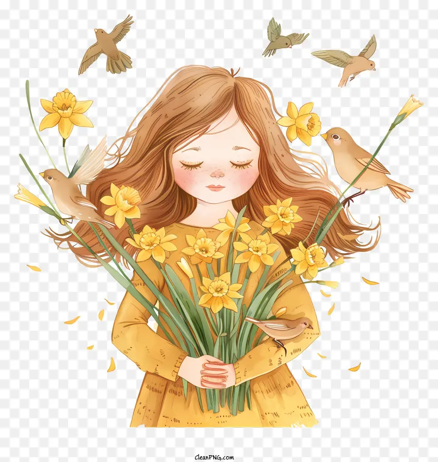 spring daffodils girl girl birds