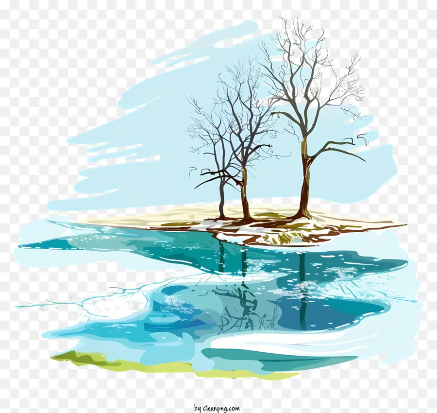 Luce di riflessione sull'acqua del lago di primavera - Due alberi in acqua con riflesso