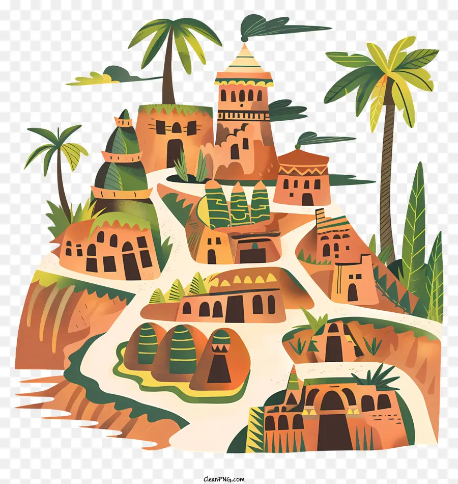 palme - Piccola città desertica con edifici di argilla, palme