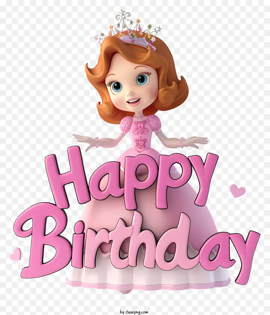Testo di buon compleanno simpatico Principessa Cartoon Abito Pink Gown Tiara - Principessa del cartone animato in abito rosa sorridente