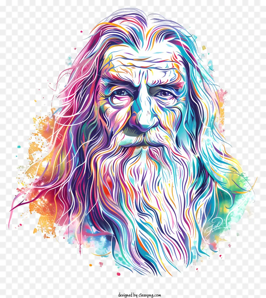 Gandalf langes weißes Haar Bart schwarzer Mantel Regensturm - Lebendiges Porträt des Menschen im schwarzen Mantel
