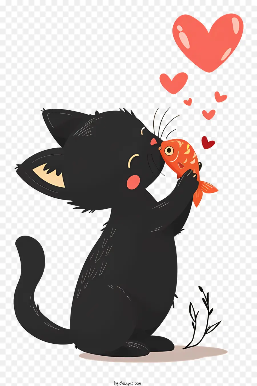 Katze küsst Fisch schwarze Katze lächelte Katze süße Katze Schwanz zusammengerollt - Schwarze Katze sitzt mit Lächeln, Herzen herum