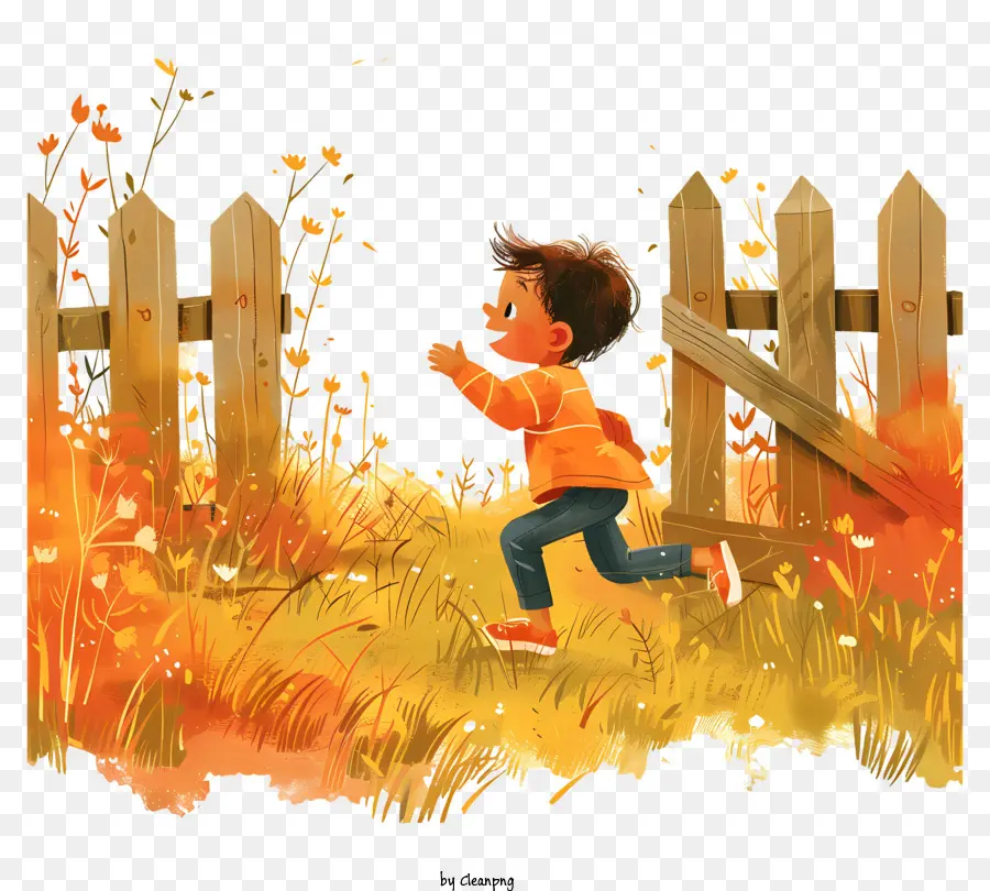 Cậu bé chạy bộ chạy hàng rào hiện trường - Cậu bé chạy qua cánh đồng mùa thu với hàng rào