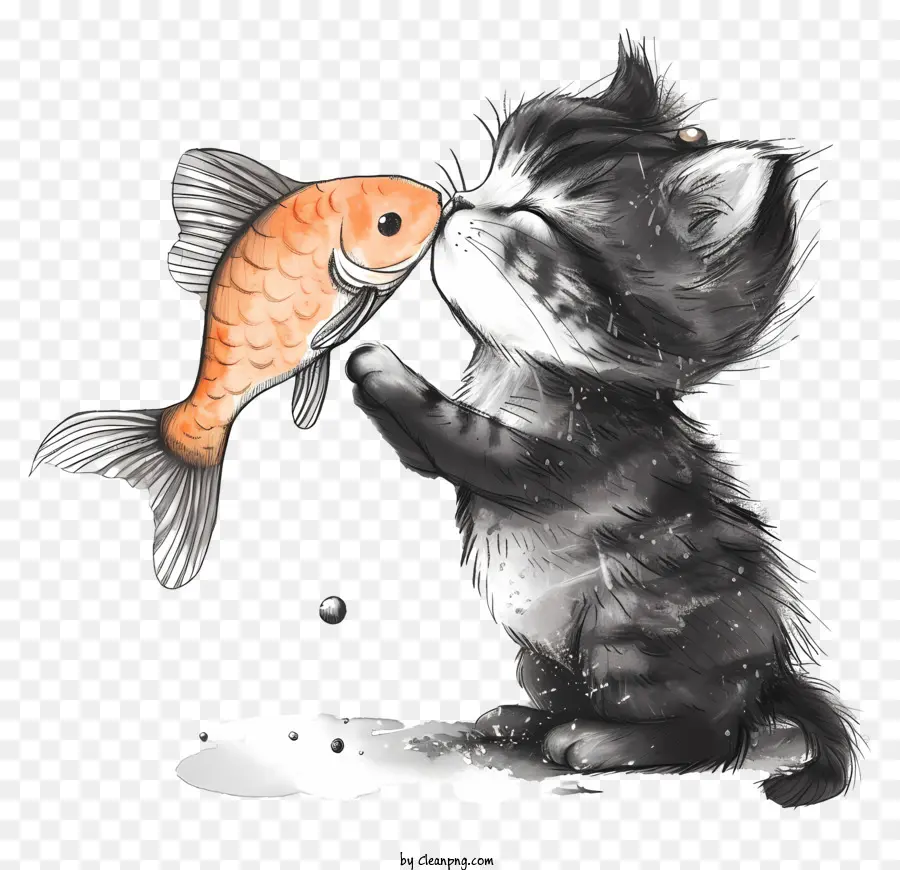 Katze küsst Fischkätzchen Fisch spielt süß - Kätzchen spielt mit Fisch im Aquarellstil