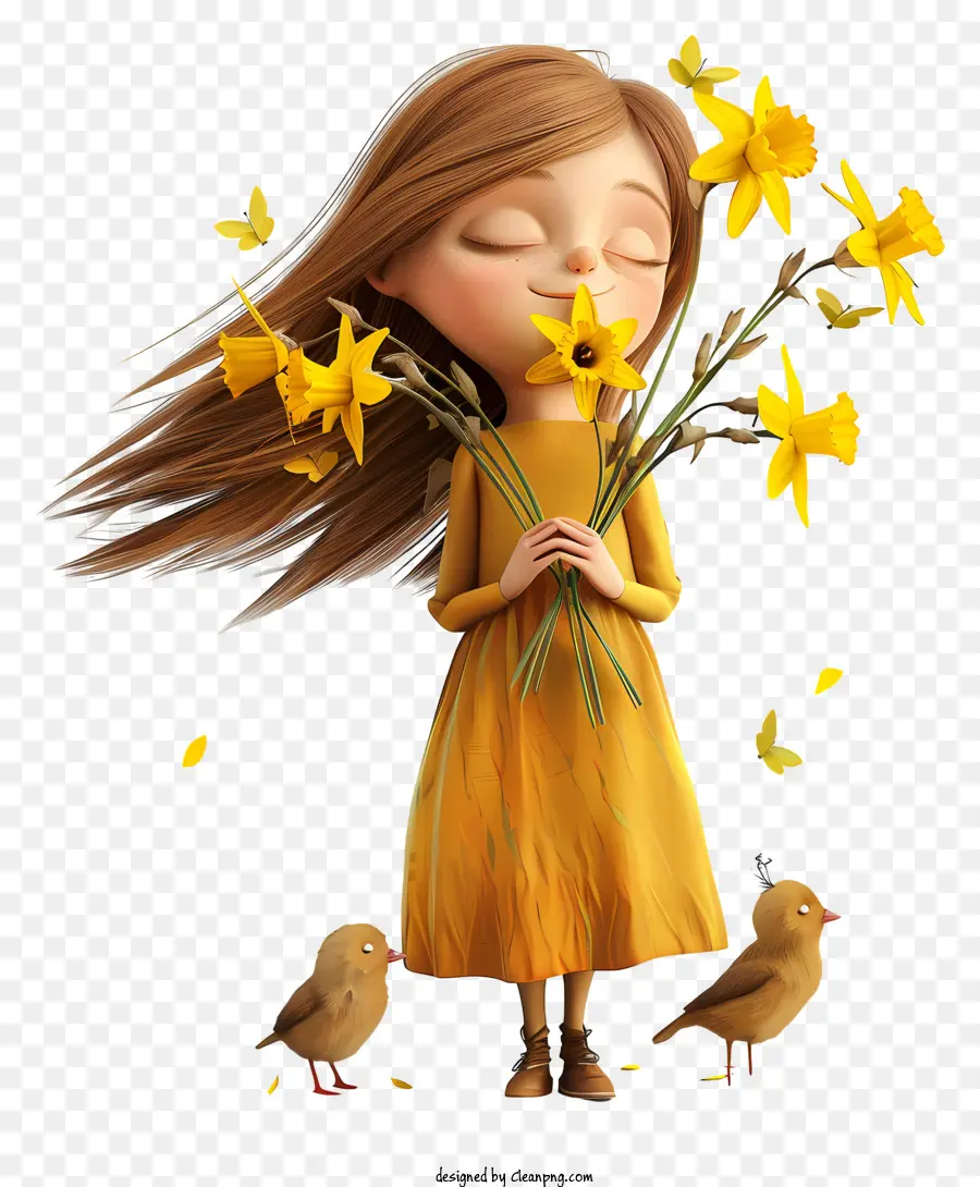 Frühlings Narzissen Mädchen junges Mädchen gelber Vogel - Mädchen mit Narzissen und Vögeln in gelbem Kleid