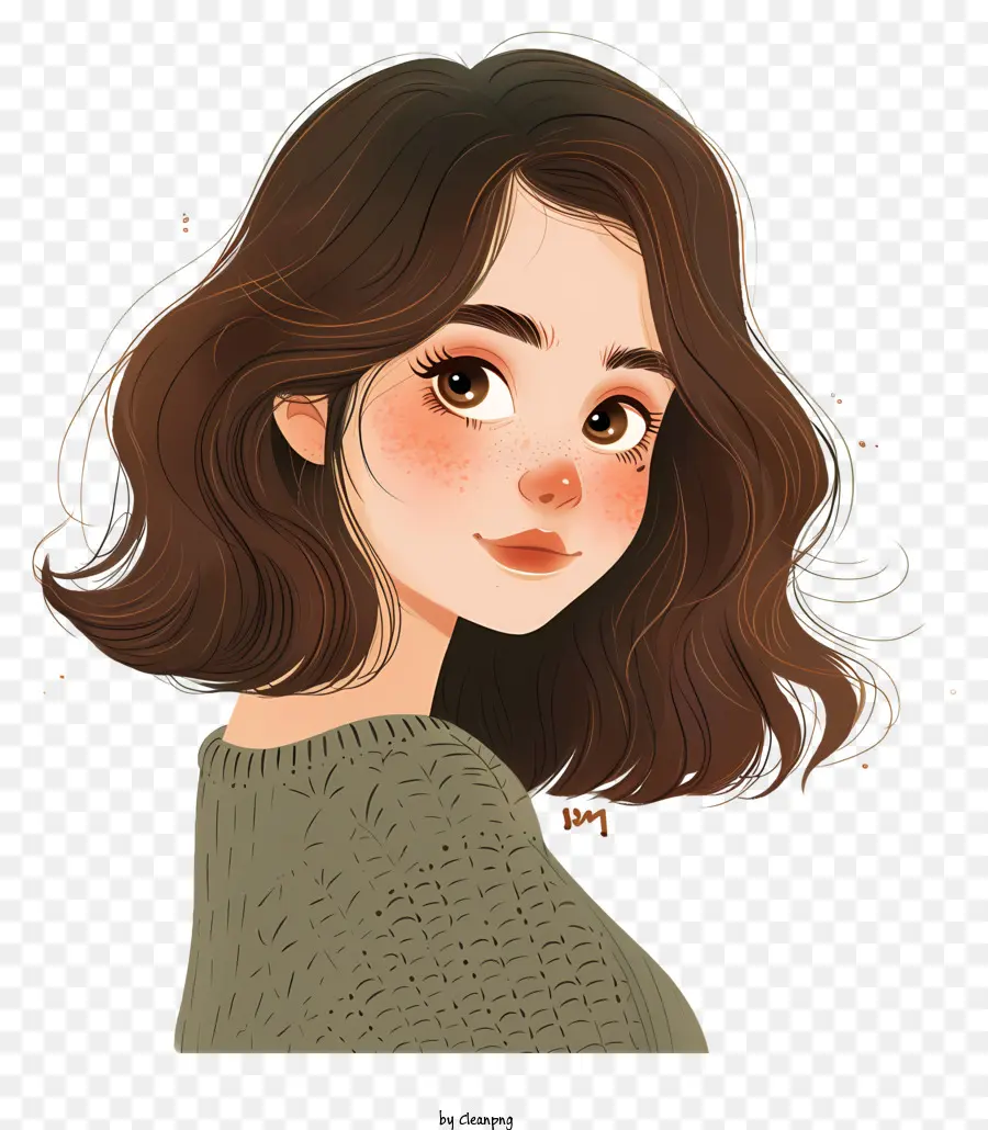 cartoon girl woman portrait brown hair green sweater gentle expression