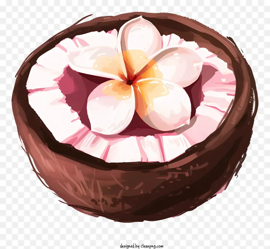 Kokos - Rosa Blume auf halb offener Kokosnuss, realistische Textur