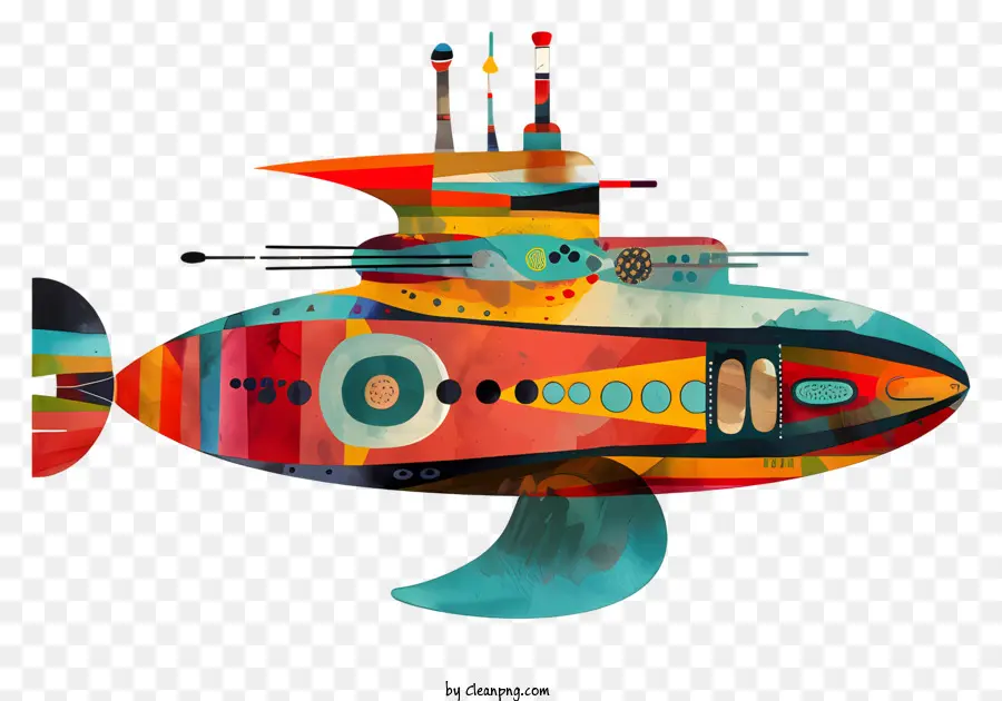 Submarine Day Submarine Cartoon capriccioso colorato - Illustrazione sottomarina stravagante colorato su sfondo nero