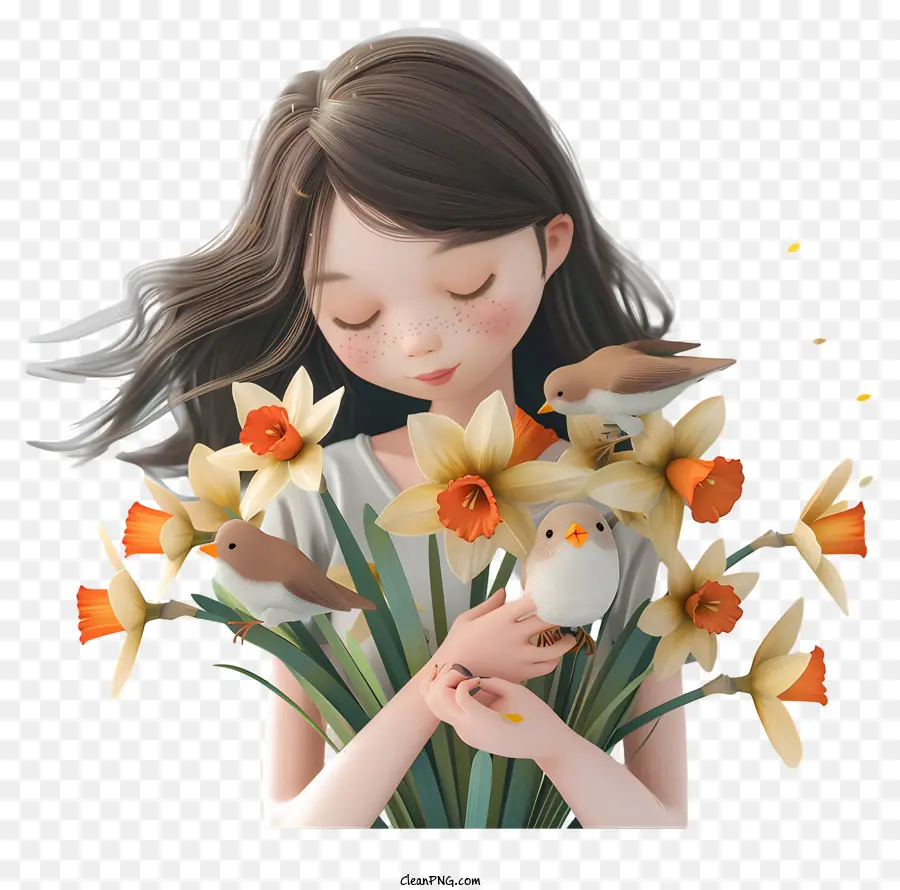 Malato di Daffodils Girl White Daffodils Bouquet - Donna che tiene narcisi bianchi in contemplazione serena
